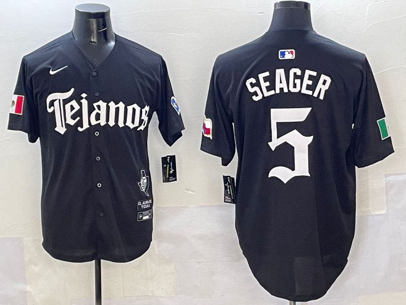 Men Texas Rangers #5 Seager Black Five generations Joint Name 2025 Nike MLB Jersey style 1